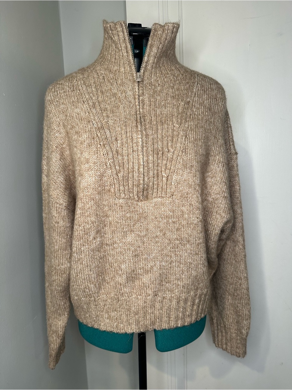 American Eagle Outfitters Neutral Tan Zip-Neck Ribbed Sweater